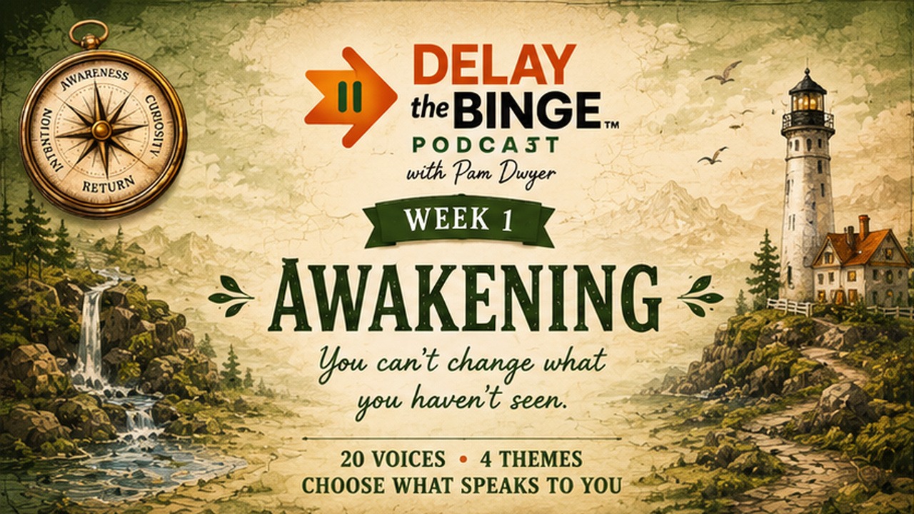 Awakening map from The Delay the Binge Journey showing five guest conversation stops